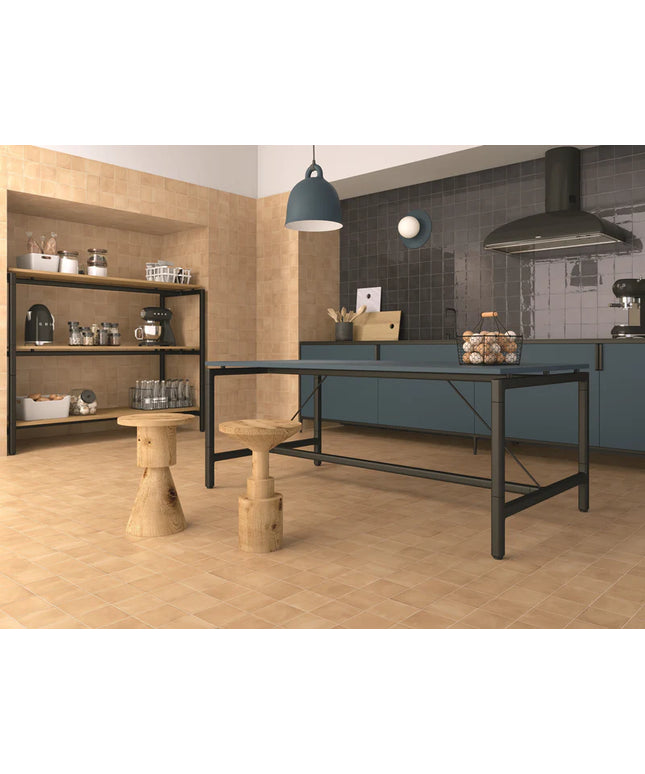Modern kitchen with wooden shelves, stools, and a black dining table.
