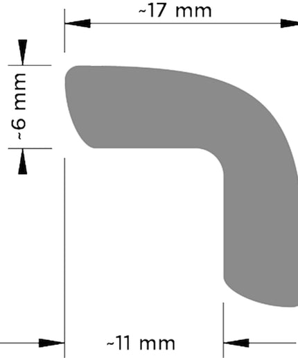 Tile quarter round trim profile with side dimensions labeled 17mm, 11mm, and 6mm