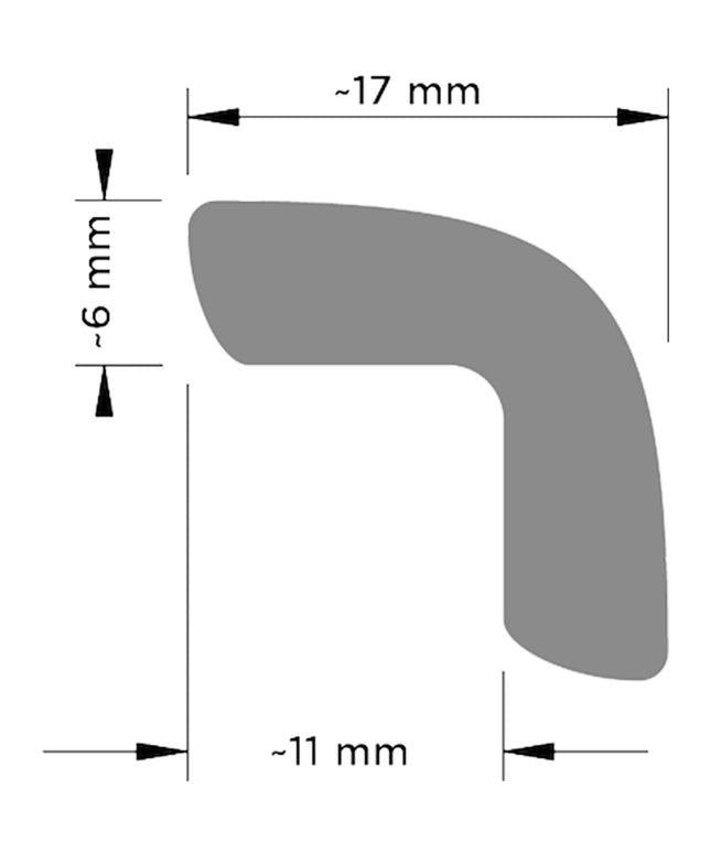 Tile quarter round trim profile with side dimensions labeled 17mm, 11mm, and 6mm