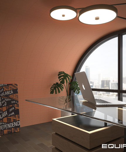 A modern office interior with a curved terracotta wall, large arched window overlooking a city skyline, a glass desk with a laptop, a potted plant, and a framed poster on the floor. The word EQUIPE appears in the bottom right corner.