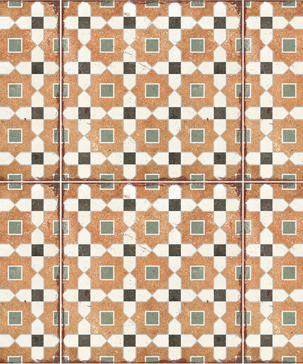 Geometric patterned floor tile with brown, white, black, and green square design