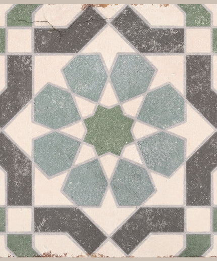Geometric patterned floor tile with green, gray, and cream star and polygon design
