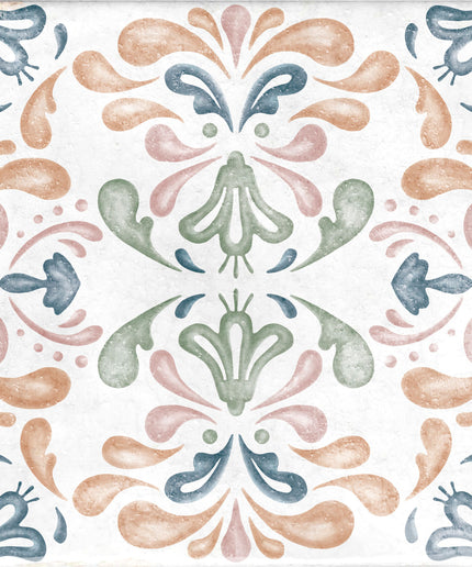 Decorative ceramic floor tile with pastel floral pattern in blue, green, and pink.