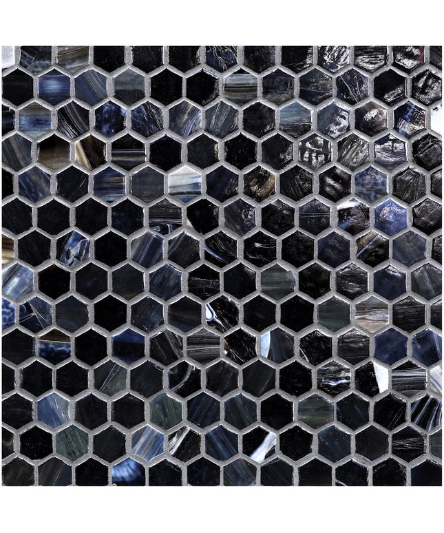 Hexagonal mosaic tile pattern with black and blue tiles