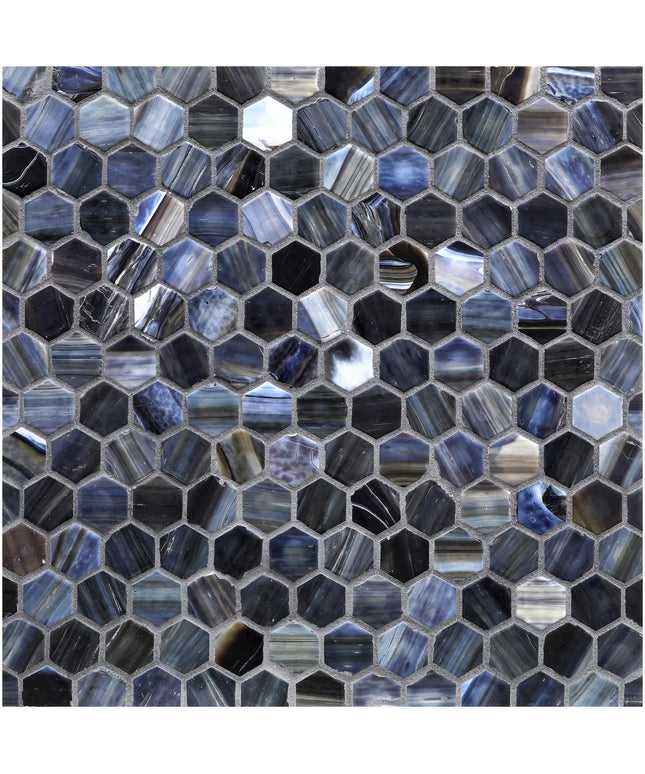 Hexagonal mosaic tile pattern in blue and gray tones