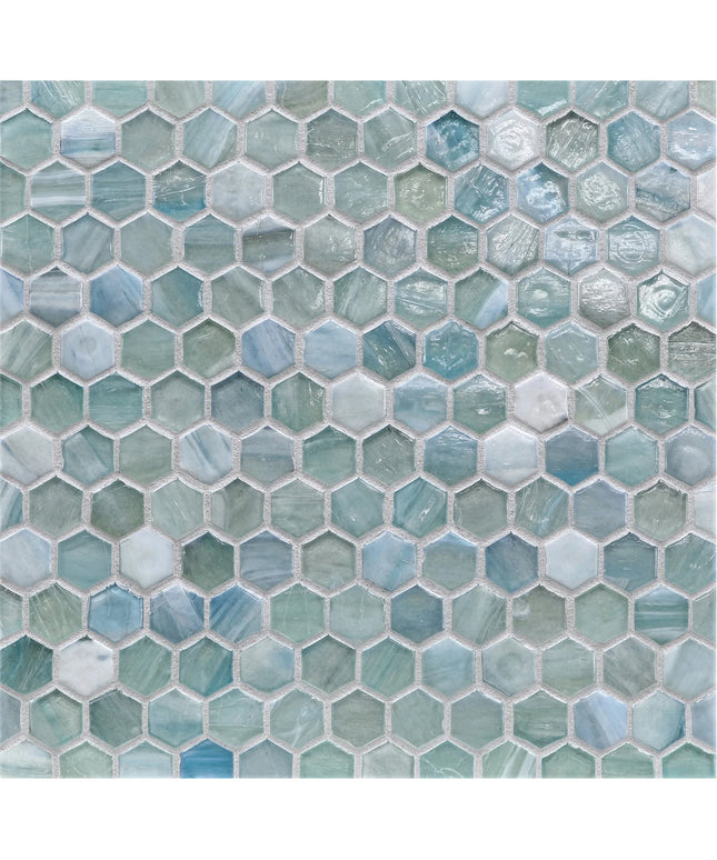 Hexagonal mosaic tile pattern in shades of blue and green