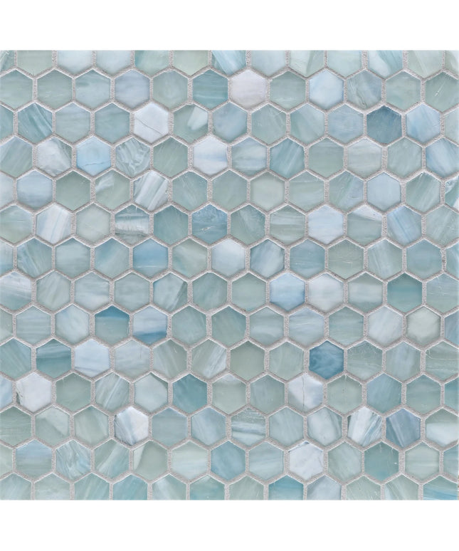 Hexagonal mosaic tile pattern in shades of blue and green