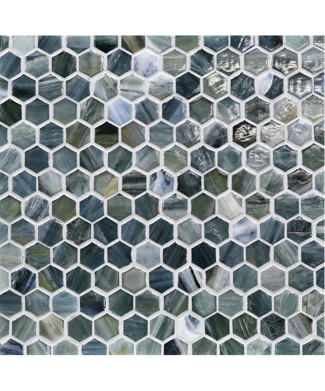 Hexagonal mosaic tile pattern in various shades of blue and gray.