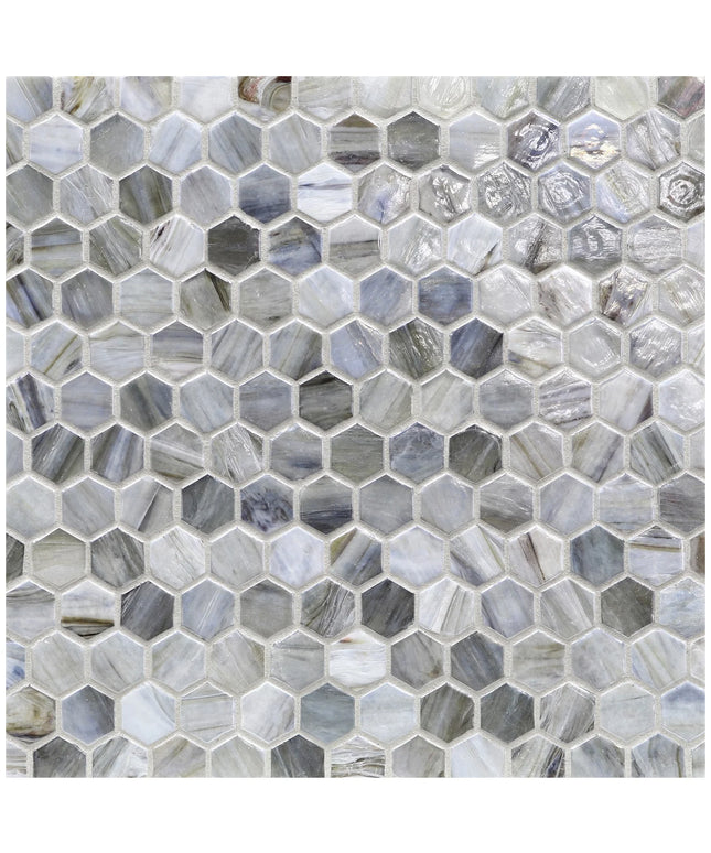 Hexagonal mosaic tile pattern in gray and white