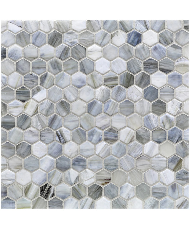 Hexagonal mosaic tile pattern in gray and white