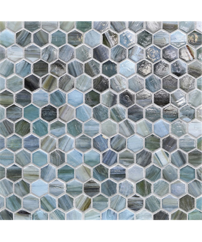 Hexagonal mosaic tile pattern with blue and gray tones