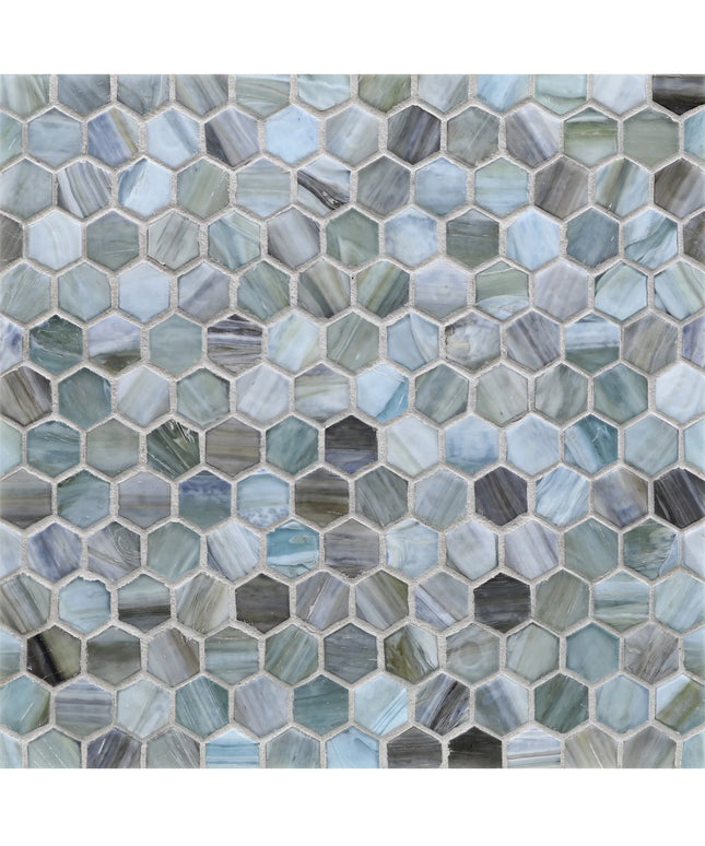 Hexagonal mosaic tile pattern in various shades of blue and gray