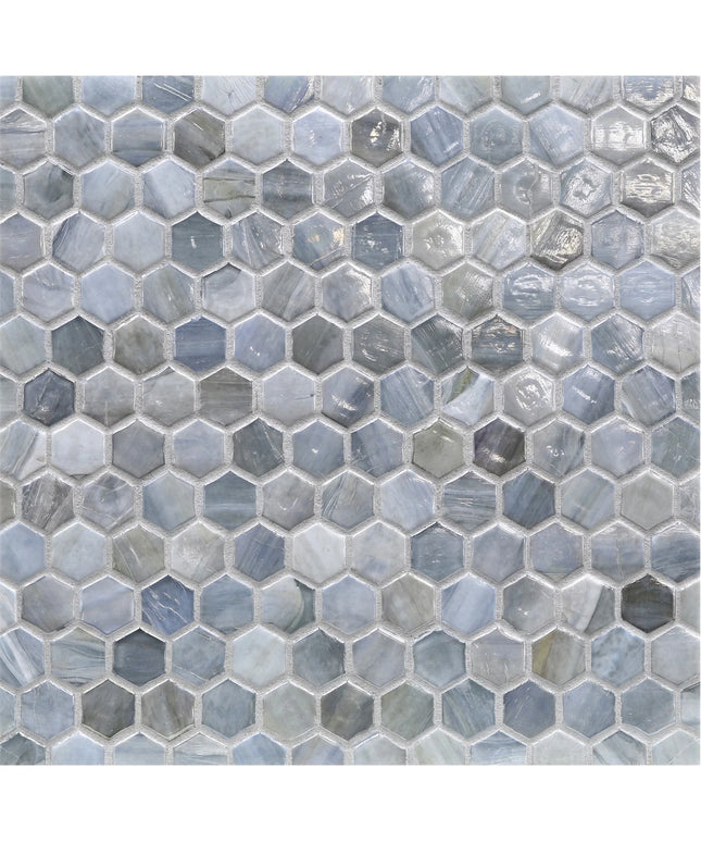 Hexagonal marble mosaic tile in gray and blue tones