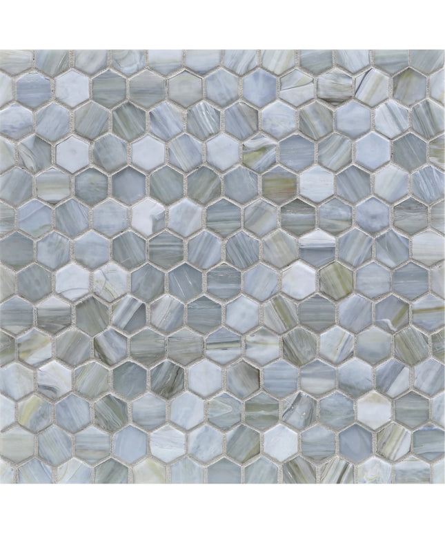 Hexagonal mosaic tile pattern in shades of blue and gray