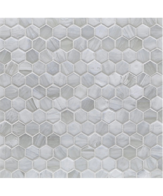 Hexagonal marble mosaic tile pattern in gray and white