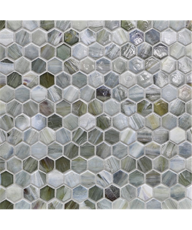 Hexagonal mosaic tile pattern in various shades of gray and green