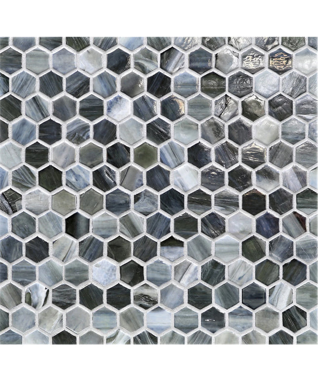 Hexagonal mosaic tile pattern in various shades of gray and black