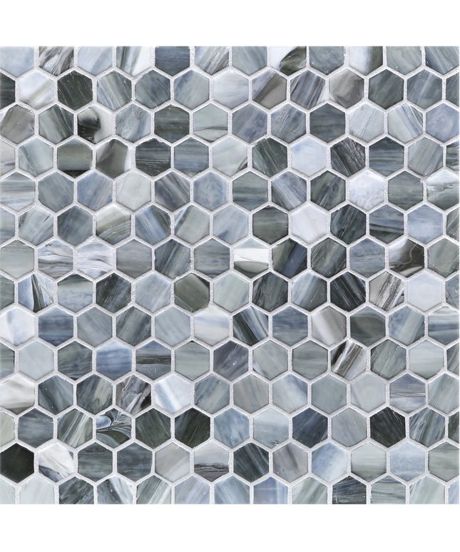 Hexagonal mosaic tile pattern in shades of gray and blue
