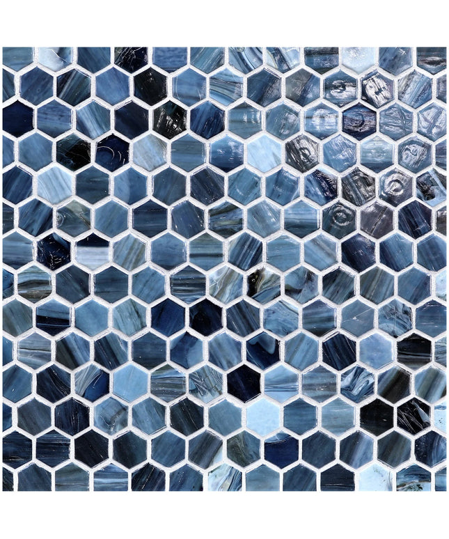Hexagonal blue tiles with a mosaic pattern