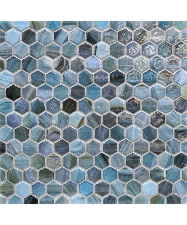 Hexagonal mosaic tile pattern in various shades of blue