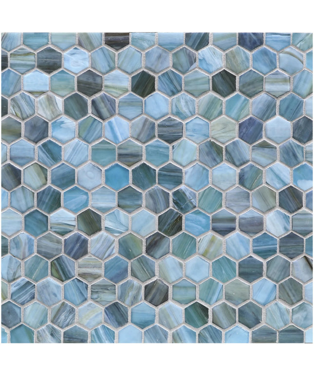 Hexagonal blue tiles with a mosaic pattern