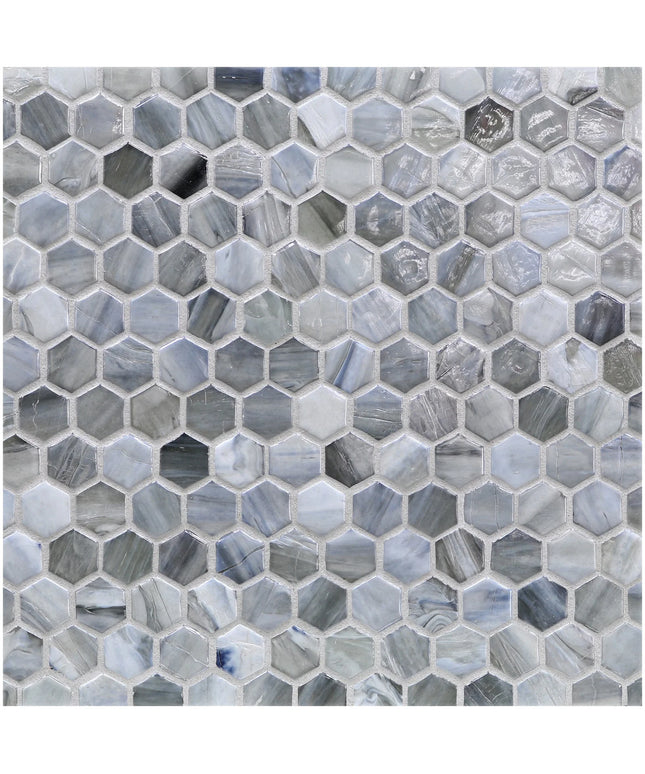 Hexagonal mosaic tile pattern in gray and blue tones