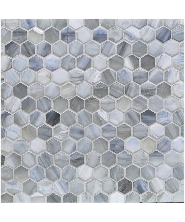 Hexagonal mosaic tile pattern in shades of gray and blue