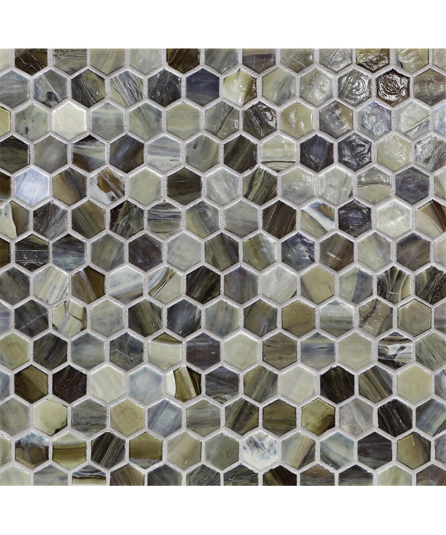 Hexagonal mosaic tile pattern in various shades of brown and gray