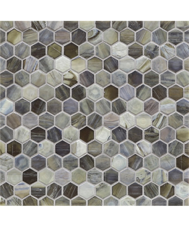 Hexagonal mosaic tile pattern with various shades of brown and gray.