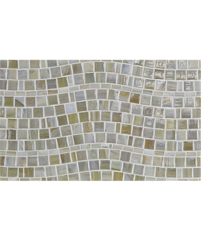 Mosaic pattern of small square tiles in various shades of gray and beige on a white background