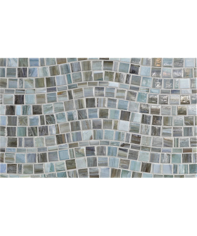Mosaic tile pattern with various shades of gray and blue on a white background