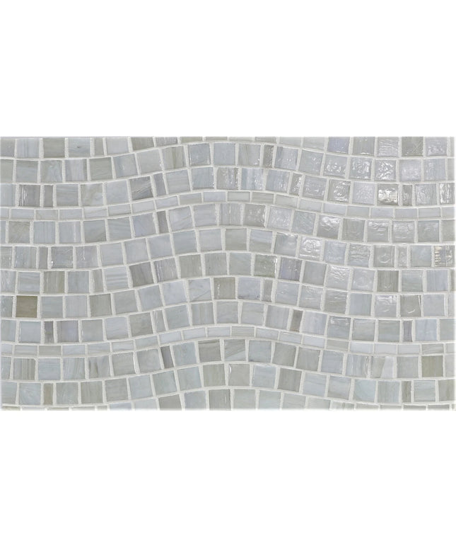 Mosaic tile pattern with small square tiles in various shades of gray on a white background
