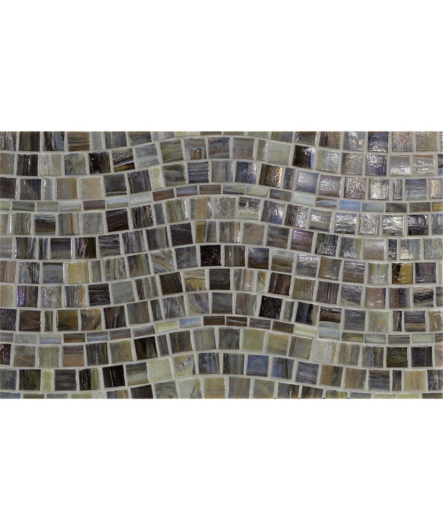 Mosaic pattern of small square tiles in various shades of brown and gray.