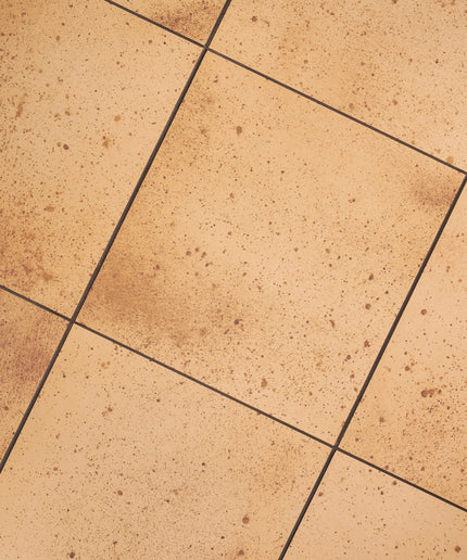 Beige square ceramic or porcelain floor tiles with a speckled texture and dark grout lines.