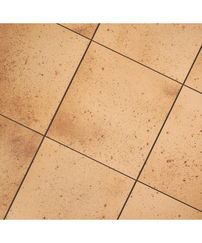 Beige square ceramic or porcelain floor tiles with a speckled texture and dark grout lines.