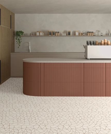 Modern kitchen with wooden cabinets and a white countertop.