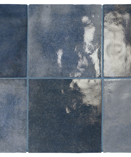 Six square ceramic tiles arranged in a 2x3 grid, showcasing various shades of textured and glossy navy blue, slate blue, and gray with reflective highlights.