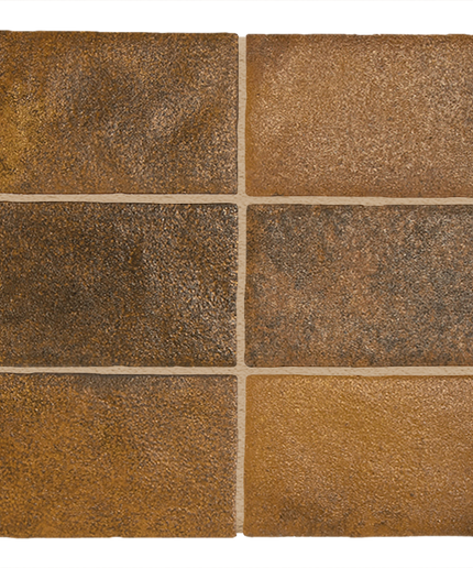 Six rectangular ceramic or stone tiles arranged in a 2x3 grid, showing textured finishes in earthy brown, tan, and dark charcoal tones against a plain white background.