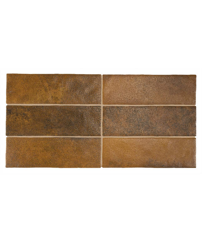 Six rectangular ceramic or stone tiles arranged in a 2x3 grid, showing textured finishes in earthy brown, tan, and dark charcoal tones against a plain white background.