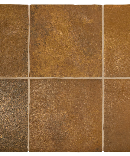Six square ceramic tiles arranged in a 2x3 grid, showcasing a rustic textured finish in earthy brown and ochre tones.