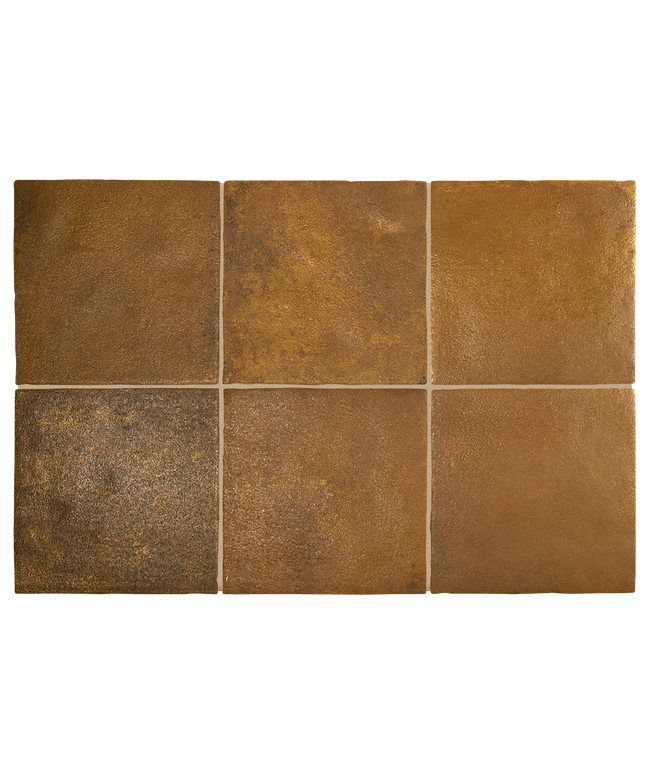 Six square ceramic tiles arranged in a 2x3 grid, showcasing a rustic textured finish in earthy brown and ochre tones.