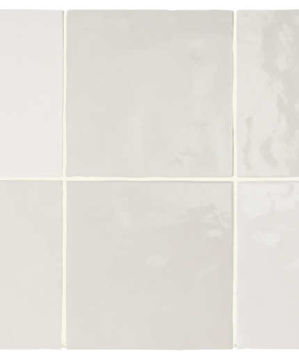 Six square ceramic tiles arranged in a 2x3 grid, showcasing different glaze finishes and colors ranging from matte off-white to glossy cream and light gray.