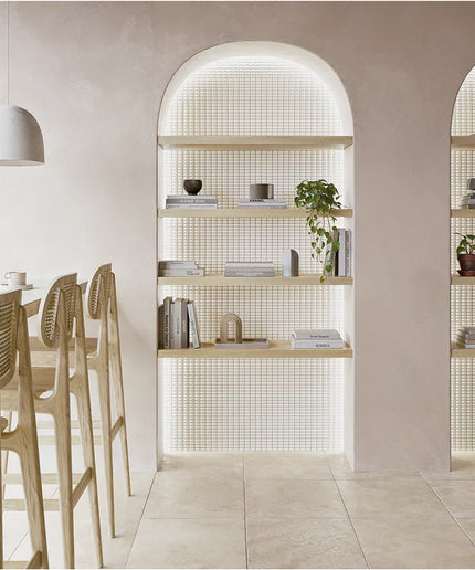 Bevel_Quartz_Gloss-walls Modern interior with a dining area and open shelves.
