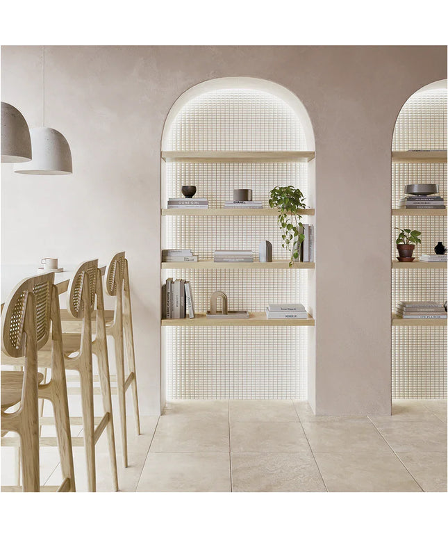 Bevel_Quartz_Gloss-walls Modern interior with a dining area and open shelves.