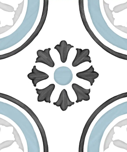 Decorative ceramic tile with black, white, and blue floral geometric pattern