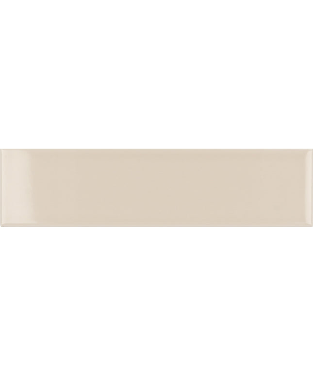 A glossy rectangular ceramic subway tile in a warm cream or off-white color, shown with rounded corners and a subtle drop shadow on a white background.