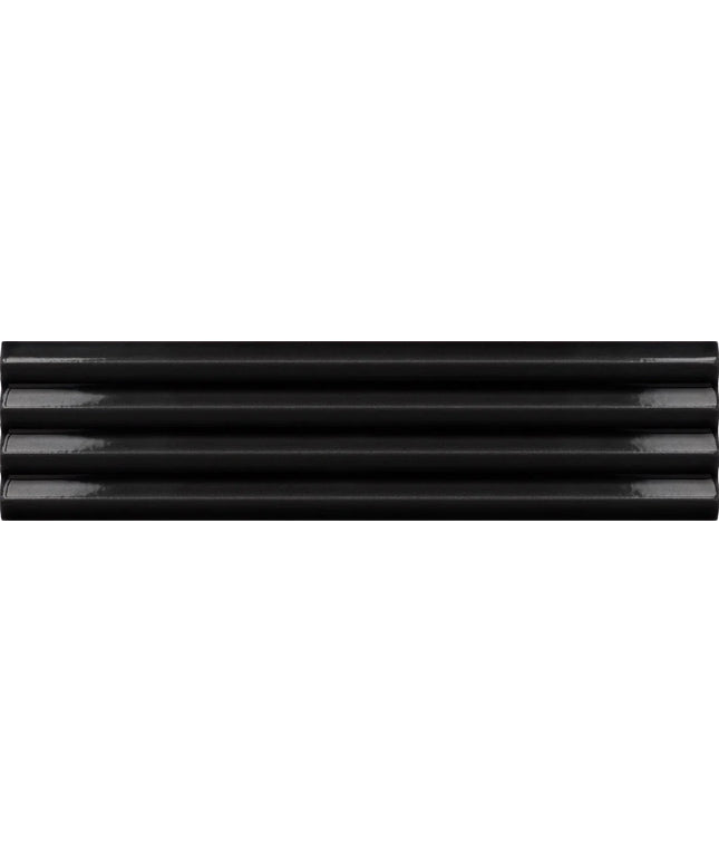 A close-up of glossy black corrugated plastic or metal siding panels, showing the horizontal ridges and reflective highlights.