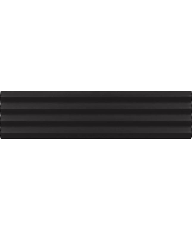 A close-up of a black corrugated or ribbed textured surface with horizontal ridges.