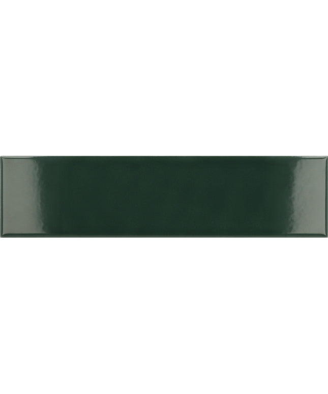 A glossy rectangular ceramic tile in a deep forest green color, shown against a matching dark green background.