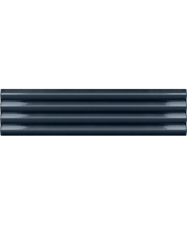 A close-up of dark navy blue corrugated plastic or metal siding panels, showing the horizontal ridges and glossy finish.
